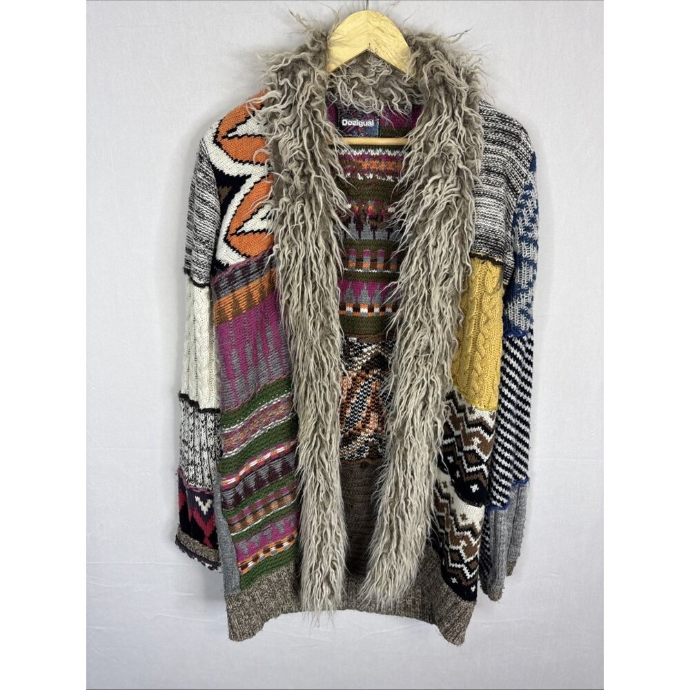 Desigual Faux Fur Open‎ Front Cardigan Embroidered Back Patchwork Sweater L